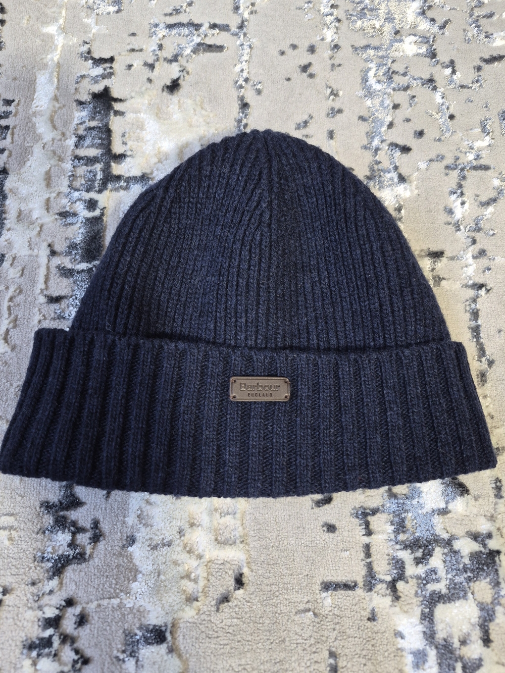 Barbour ENGLAND Hat Men One Size Navy Carlton Beanie Wool Blend Knit Cuffed NEW